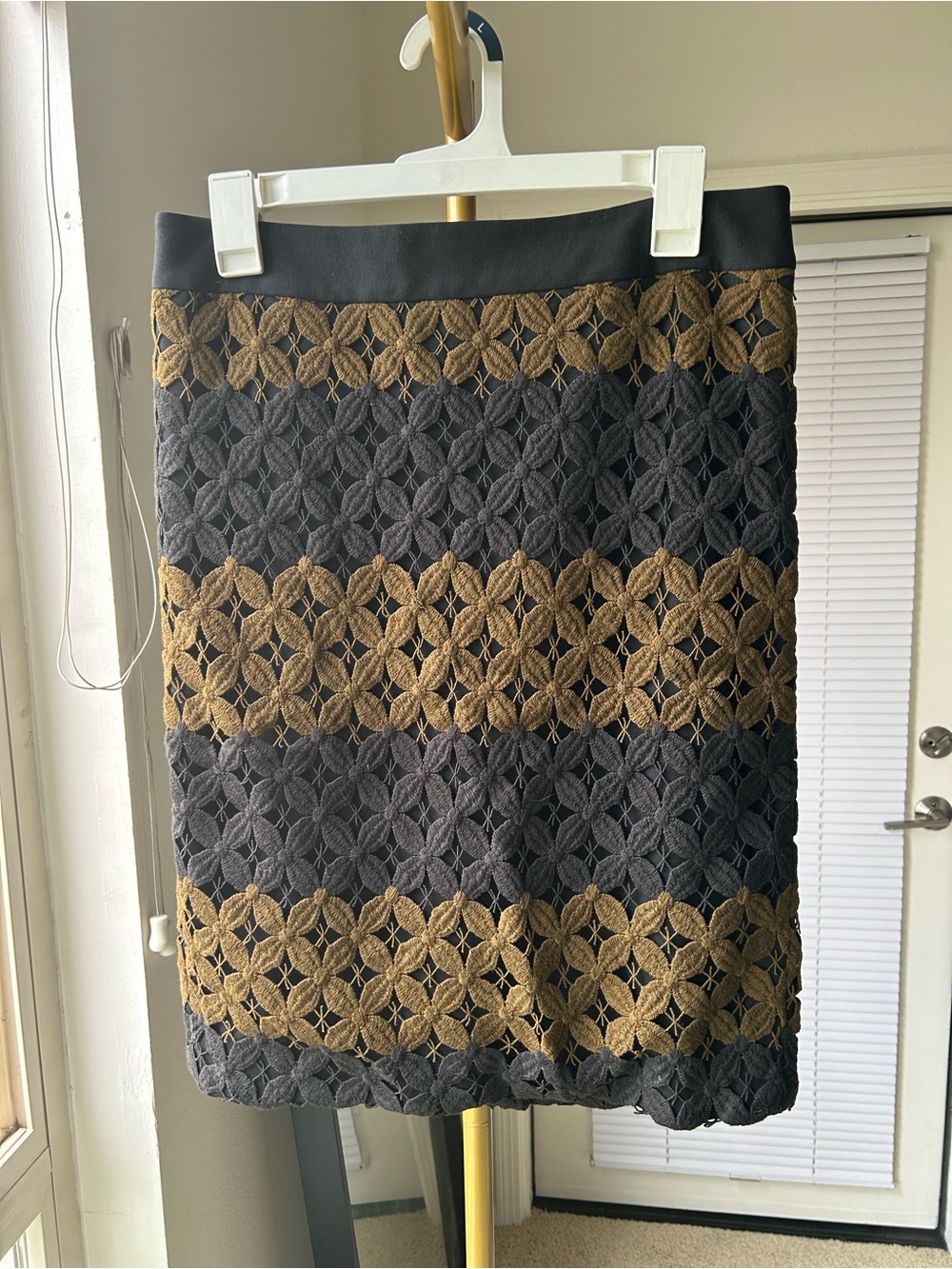 LOFT Black and Brown Crochet-Overlay Pencil Skirt